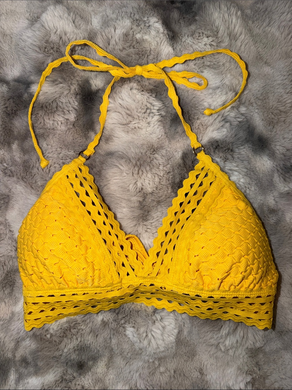Robin Piccone Yellow Crochet Halter Bikini Top